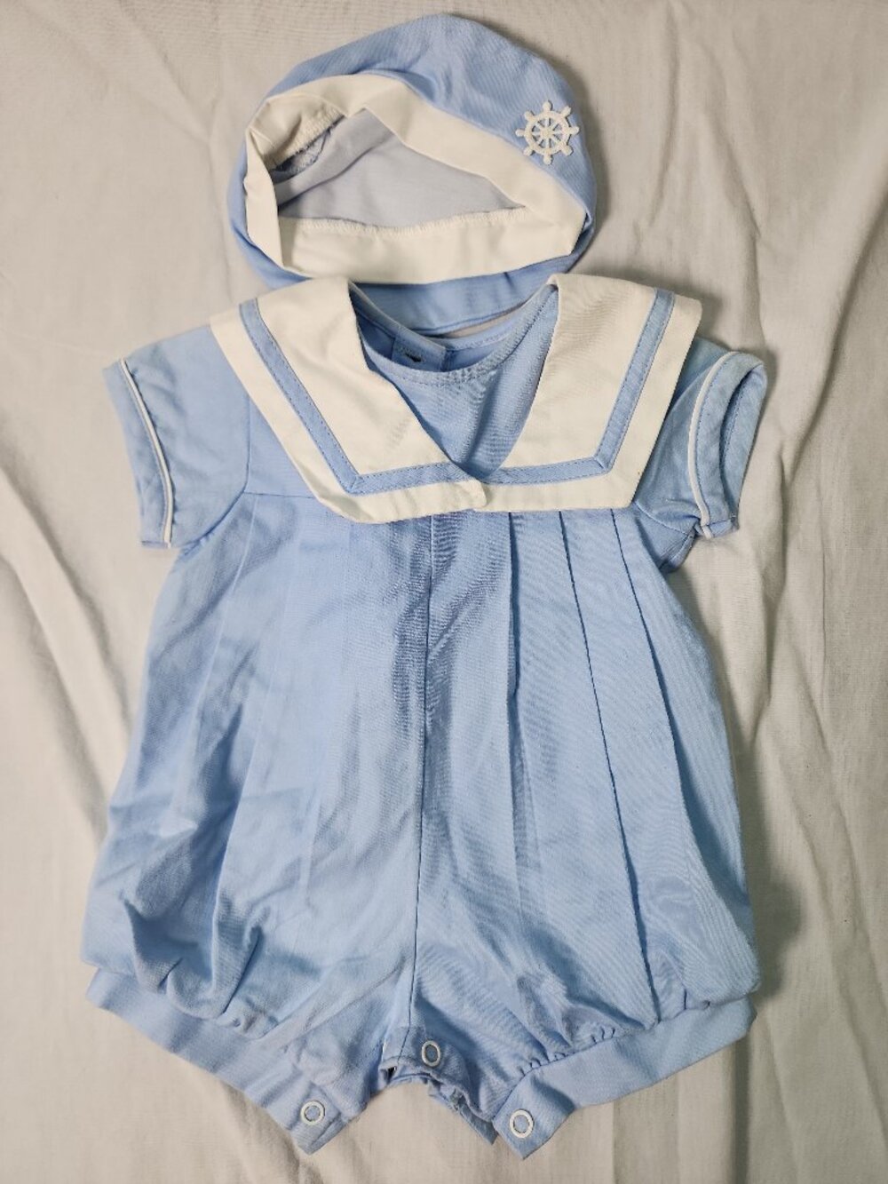 Baby Boy Blue Sailor Bubble Romper & Matching Hat Set Nautical Portrait Vtg